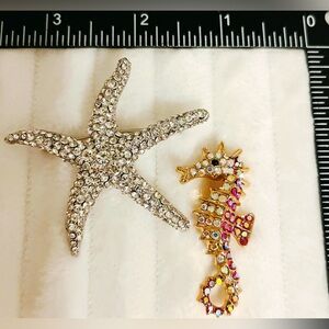Colorful Seahorse Brooch AB Rhinestone Gold Tone Ocean Sea Life